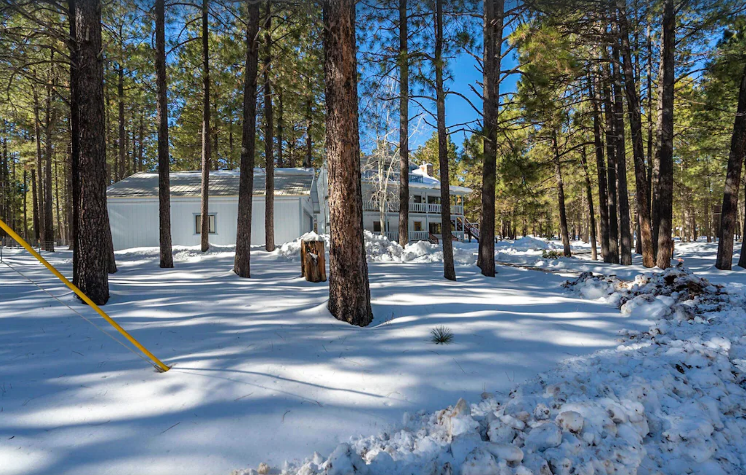 Cabin Street View - Taken in the winter from just down the road, this shows the front drive of the cabin area and all the ponderosa pine trees.